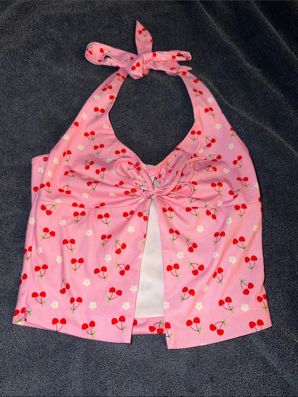 Tiger Mist Pink Halter Tank with Red Cherry Print and Front Tie